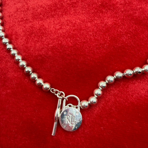 Lauren Ralph Lauren Logo Padlock Charm Beaded Collar Necklace Sterling Silver - Picture 2 of 11